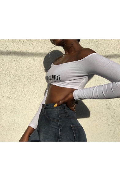 Hot Sexy Long Sleeve Off Shoulder NATURAL TING Letter Printed Slim Fitted White Cropped T Shirt