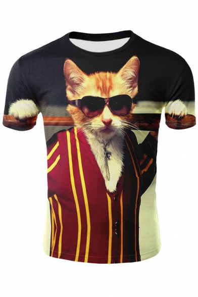Hot Trendy Mens Short Sleeve Round Neck Cool Cat with Glasses Printed Cool Unique Pullover Leisure Tee