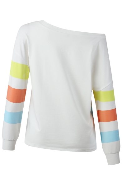 Hot Women's Stripe Print One Shoulder Long Sleeve Pullover Sweatshirt