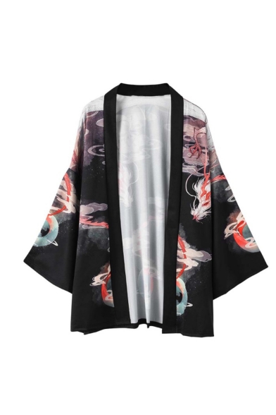 Japanese Style Dragon Ukiyo-e Printed Half Sleeve Loose Casual Open Front Kimono Blouse