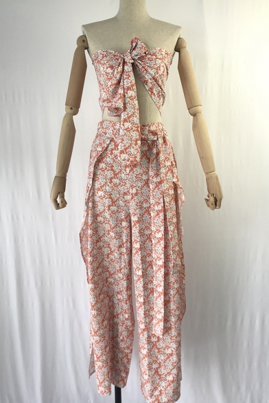 Knotted Front Bandeau Top with Tie Waist Slit Front Wide Leg Pants Abstract Printed Casual Loose Co-ords