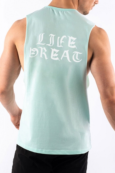 LIVEGREAT Letter Printed Sleeveless Round Neck Quick Dry Breathable Sport Tank T Shirt