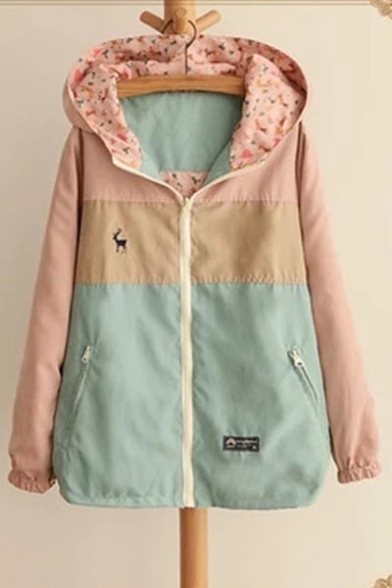 Lovely Embroidery Fawn Printed Cotton Blends Zipper Pockets Zip Up Reversible Hooded Coat
