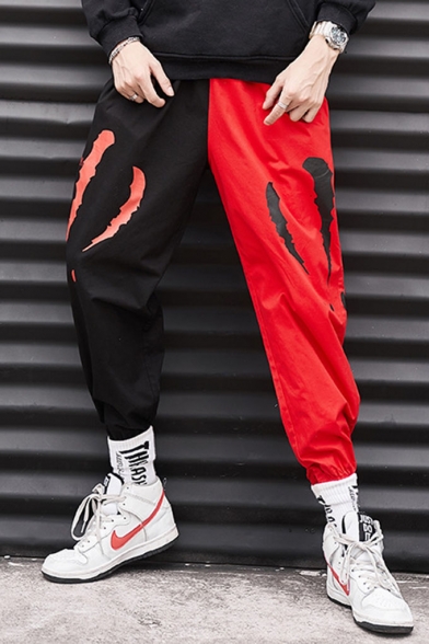 Men's Cool Fashion Colorblock Printed Loose Fit Elastic Cuffs Hip Pop Track Pants