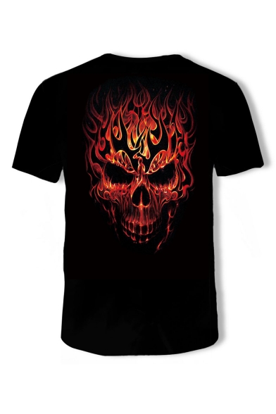 Men's Hot Fashion Skull Fire Print Round Neck Short Sleeve T-Shirt in Black