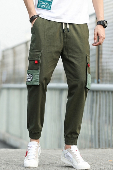 Men's New Fashion Letter Pattern Flap Pocket Side Drawstring Waist Casual Sports Cotton Cargo Pants