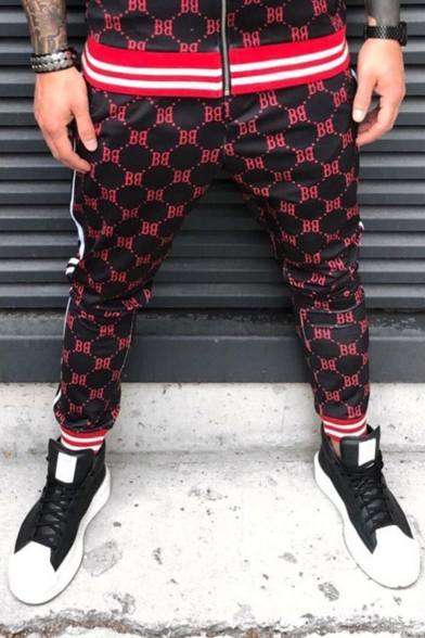 Men's Popular Fashion Contrast Stripe Side Letter B All-over Printed Casual Slim Jogging Pencil Pants