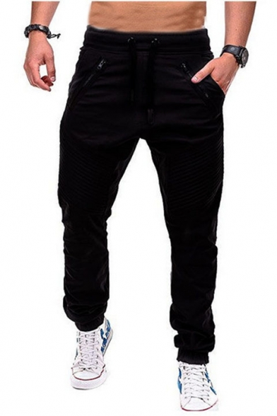 Men's Popular Fashion Pleated Patched Zippered Pocket Drawstring Waist Casual Slim Cotton Pencil Pants