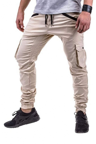 Men's Popular Fashion Solid Color Flap Pocket Side Drawstring Waist Elastic Cuffs Casual Slim Cargo Pants