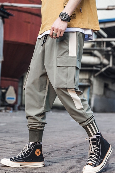 Men's Street Trendy Contrast Stripe Side Flap Pocket Drawstring Waist Casual Loose Cargo Pants