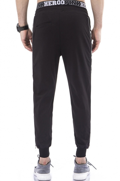 Men's Trendy Letter Printed Zipper Embellished Black Casual Sweatpants