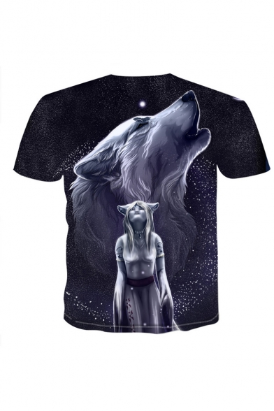 Mens Hot Popular 3D Wolf Figure Galaxy Pattern Short Sleeve Round Neck Casual Black T-Shirt