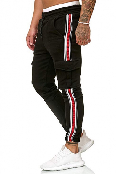 Mens New Fashion Popular Contrast Stripe Side Flap Pocket Drawstring Waist Slim Fitted Sports Pants Fitness Pencil Pants