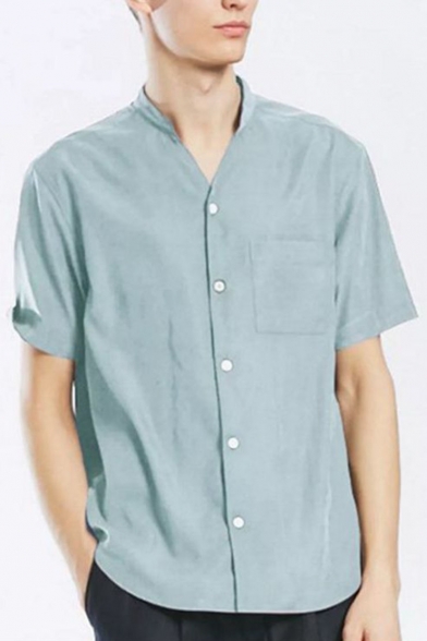 Mens Plain Short Sleeve Stand Collar Button Down Casual Loose Shirt with Pocket