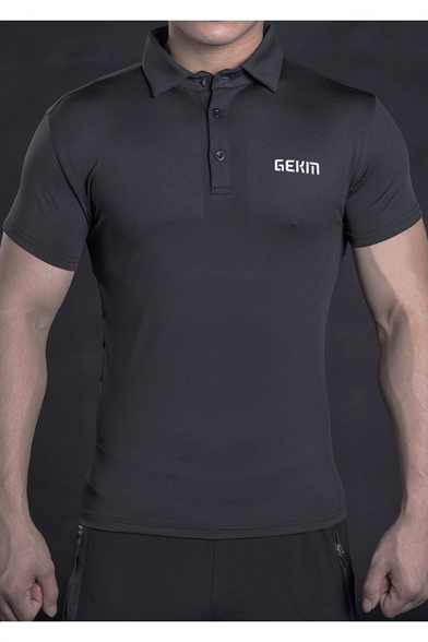 Mens Short Sleeve Button Collar Letter Logo Printed Slim Fitted Cotton Polo T Shirt