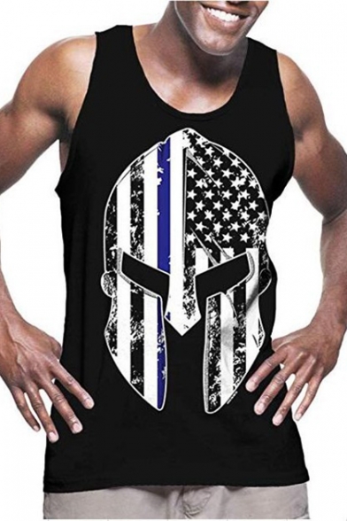 Mens Sleeveless Round Neck Flag Warrior Printed Fashion Muscle Tank Tee
