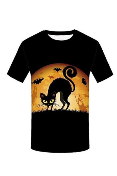 New Arrival Black Short Sleeve Round Neck Bat Cat Moon Printed Funny Tee
