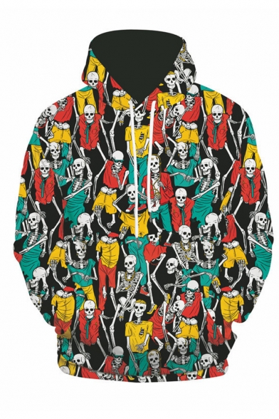 New Arrival Creative Skull All-Over Printed Long Sleeve Green Casual Loose Hoodie