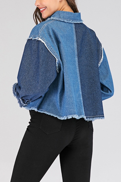 New Arrival Womens Colorblock Panels Raw Edges Cropped Denim Jacket with Pockets
