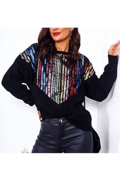 New Fashion Black Long Sleeve Round Neck Sequined Relaxed Pullover Sweatshirt