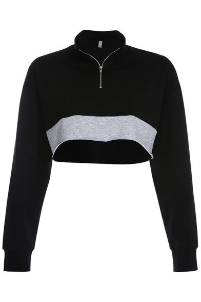 New Fashion Black Zippered Stand Collar Long Sleeve Color Block Loose Cropped Sweatshirt