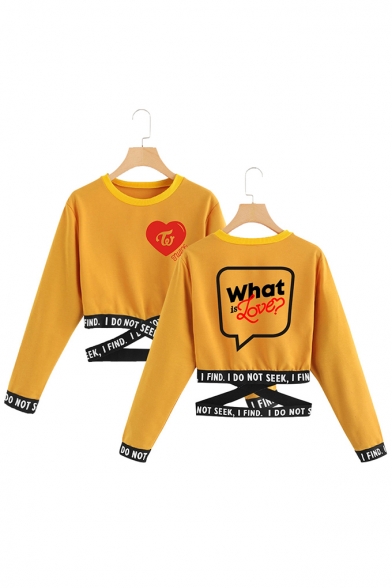 New Fashion Round Neck Long Sleeve What Is Love Letter Printed Cropped Pullover Sweatshirt