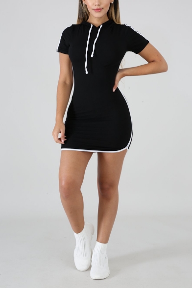 New Fashion Sports Leisure Hoodie Short Sleeve Contrast Piping Plain Sweatshirt Bodycon Mini Dress