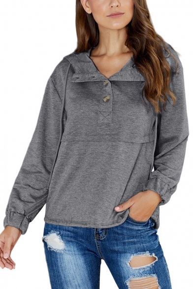 New Popular Plain Lapel Button Detail Long Sleeve Pullover Hoodie