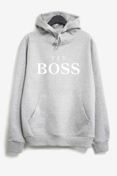 New Popular YES BOSS Letter Printed Long Sleeve Pocket Pullover Drawstring Hoodie