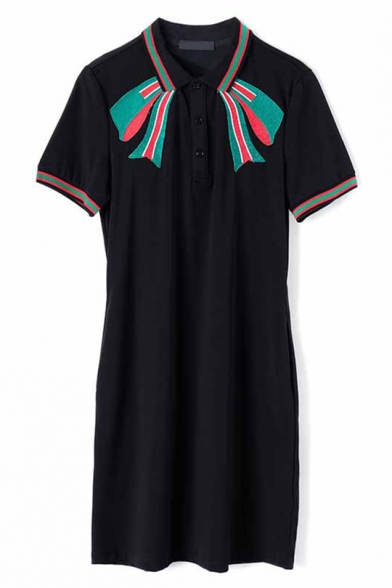 New Stylish Chic Bow-Tie Embroidery Short Sleeve Black Mini Polo Dress