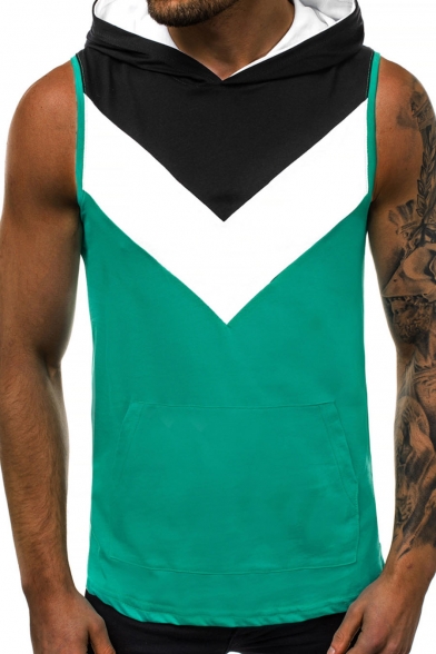 New Trendy Mens Sleeveless Coloblock Patch Pocket Front Sport Hooded Tank Tee