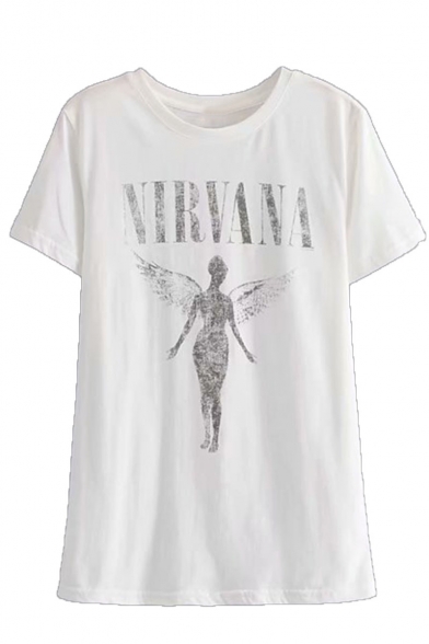 Letter Angel Wing Printed Short Sleeve Round Neck White T Shirt