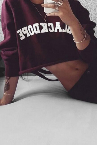 Popular Letter BLACKDOPE Printed Round Neck Long Sleeve Cut Out Back Cropped Burgundy Sweatshirt