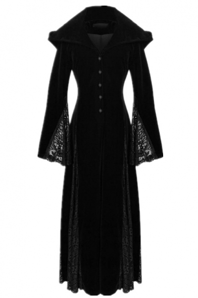 Sexy Women New Vintage Style Long Sleeve Lace Panel Hooded Witch Cloak Dress Coat