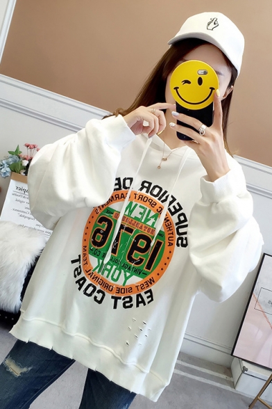 Simple NEW Letter Circle Print Cut Out Long Sleeve Loose Drawstring Hoodie