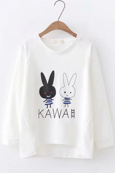 Stylish High Low Cute Cartoon Rabbit Letter KAWA Printed Round Neck Long Sleeve Loose White Sweatshirt