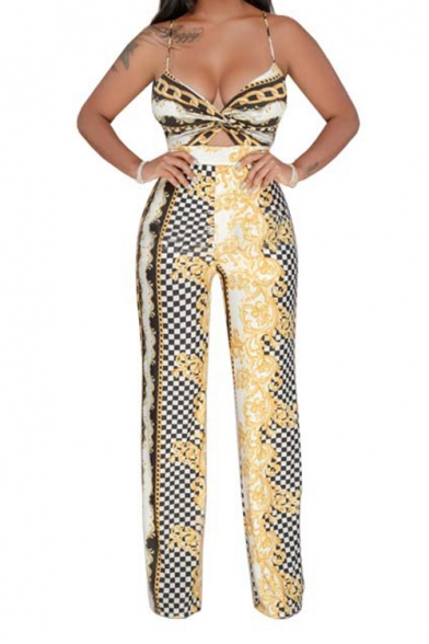 Stylish Straps Sleeveless Tie Back Check Printed Wide Leg Jumpsuits