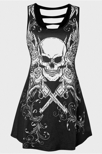 Summer Gothic Style Sleeveless Round Neck Cutout Back Skull Printed Tank T Shirt