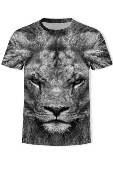 Summer Grey Short Sleeve Round Neck Lion Printed Cool Unique Tee