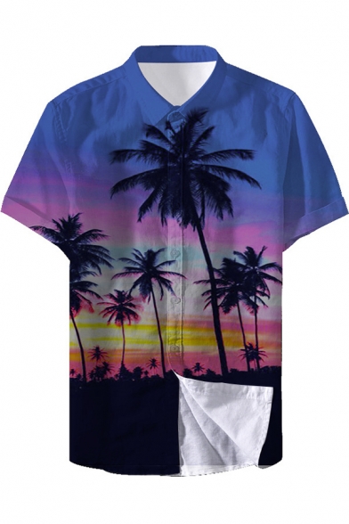Summer Holiday Trendy Blue Tropical Coconut Pattern Short Sleeve Beach Shirt for Guys