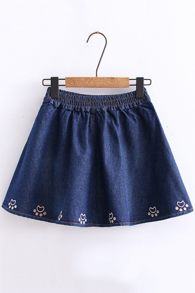 Summer Hot Fashion Elastic Waist Bear Footprint Embroidered Casual Loose Mini Denim Skirt