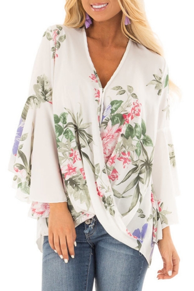 

Summer Hot Popular Floral Pattern V-Neck Ruffle Long Sleeve Loose Asymmetric Hem Blouse Top, Black;white, LM555765