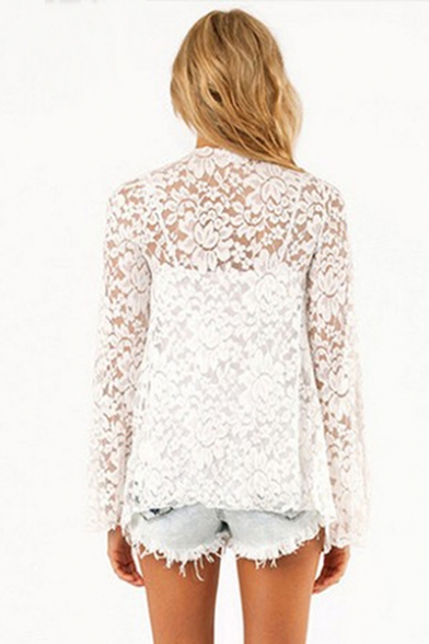 Summer Flower Print Long Sleeve Translucent Lace Open Front White Coat