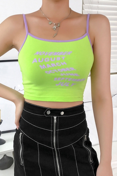 

Summer Hot Stylish Straps Sleeveless Letter Printed Contrast Trim Green Cropped Cami, LM552698