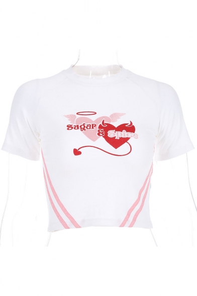 Summer Hot Trendy White Short Sleeve High Neck Striped Heart Embroidered Slim Fitted Cropped Tee