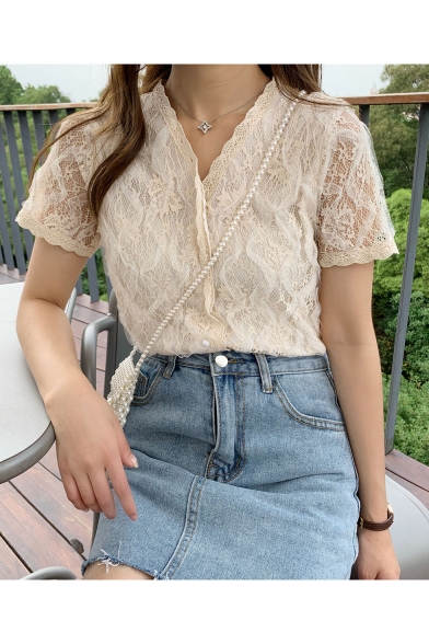 Summer New Arrival Chic Apricot Short Sleeve V Neck Single Breasted Sheer Lace T Shirt
