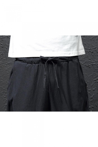 Summer New Trendy Simple Plain Drawstring Waist Buckle-Cuff Cropped Casual Tapered Pants