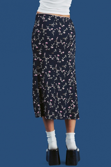 Summer Trendy Chic Floral Printed Vintage Straight Midi Skirt