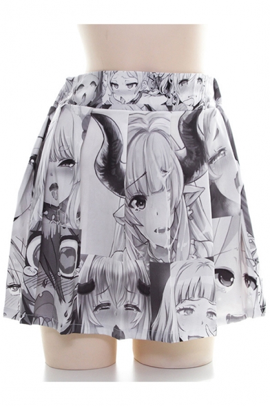 Summer Womens Personalized Elastic Waist Cartoon Printed Mini Pleated A-Line Skirt