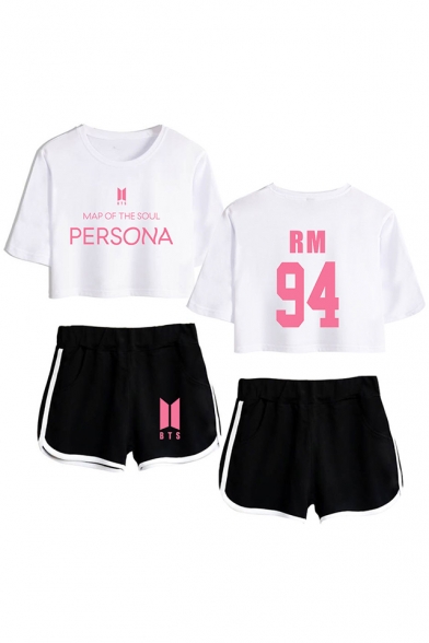 Trendy 94 Letters Print Patterns Short Sleeve Crop T-Shirt with Dolphin Shorts Co-ords for Girls